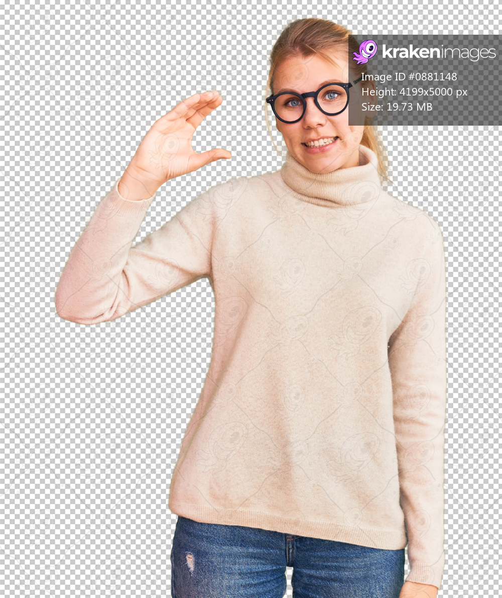 Young beautiful blonde woman wearing turtleneck sweater and glasses smiling and confident gesturing with hand doing small size sign with fingers looking and the camera. measure concept.