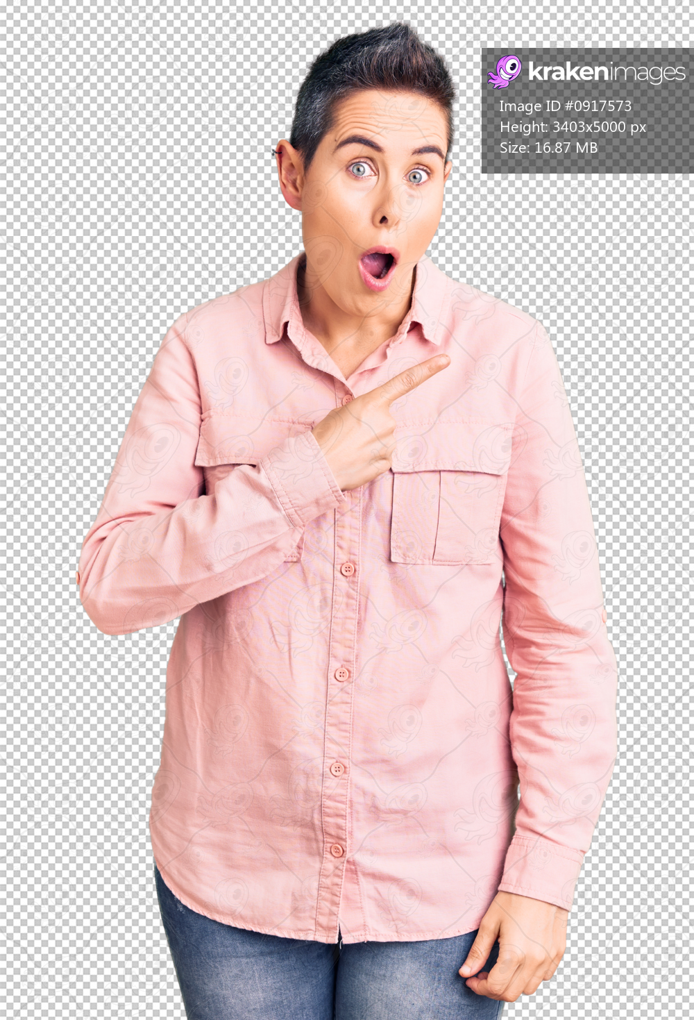 Young woman with short hair wearing casual clothes surprised pointing with finger to the side, open mouth amazed expression.