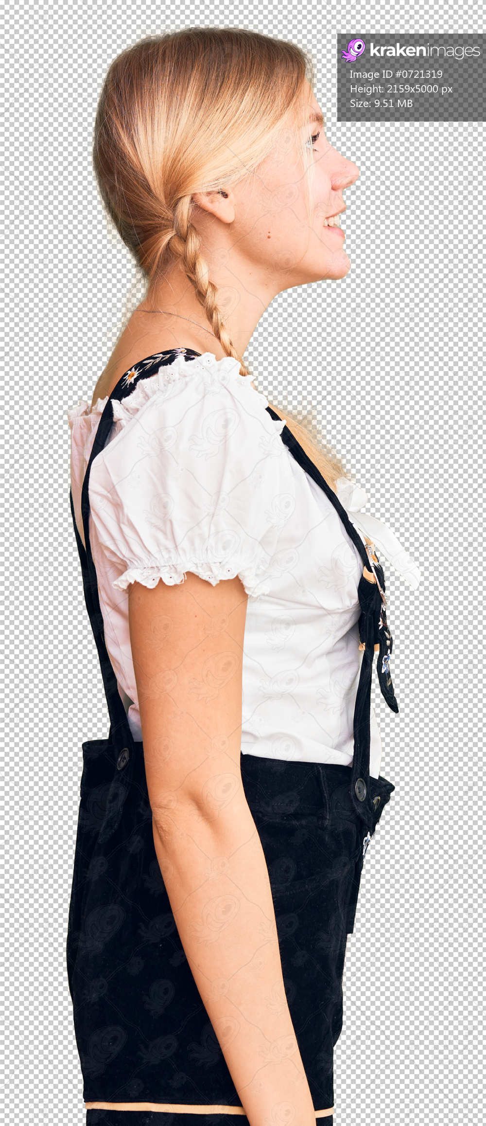 Young beautiful blonde woman wearing oktoberfest dress looking to side, relax profile pose with natural face and confident smile.