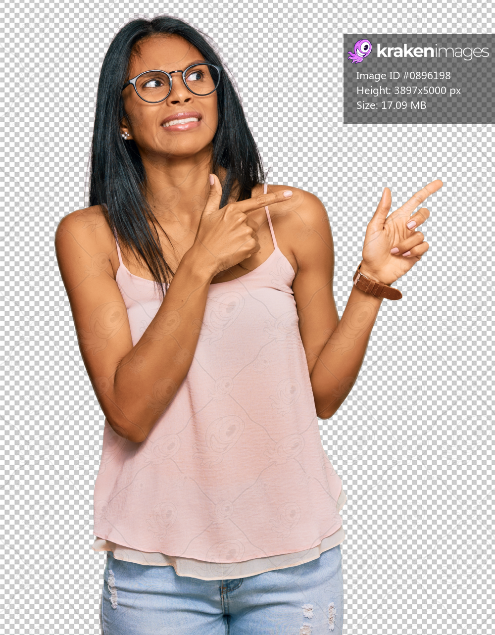 Young african american woman wearing casual clothes and glasses pointing aside worried and nervous with both hands, concerned and surprised expression