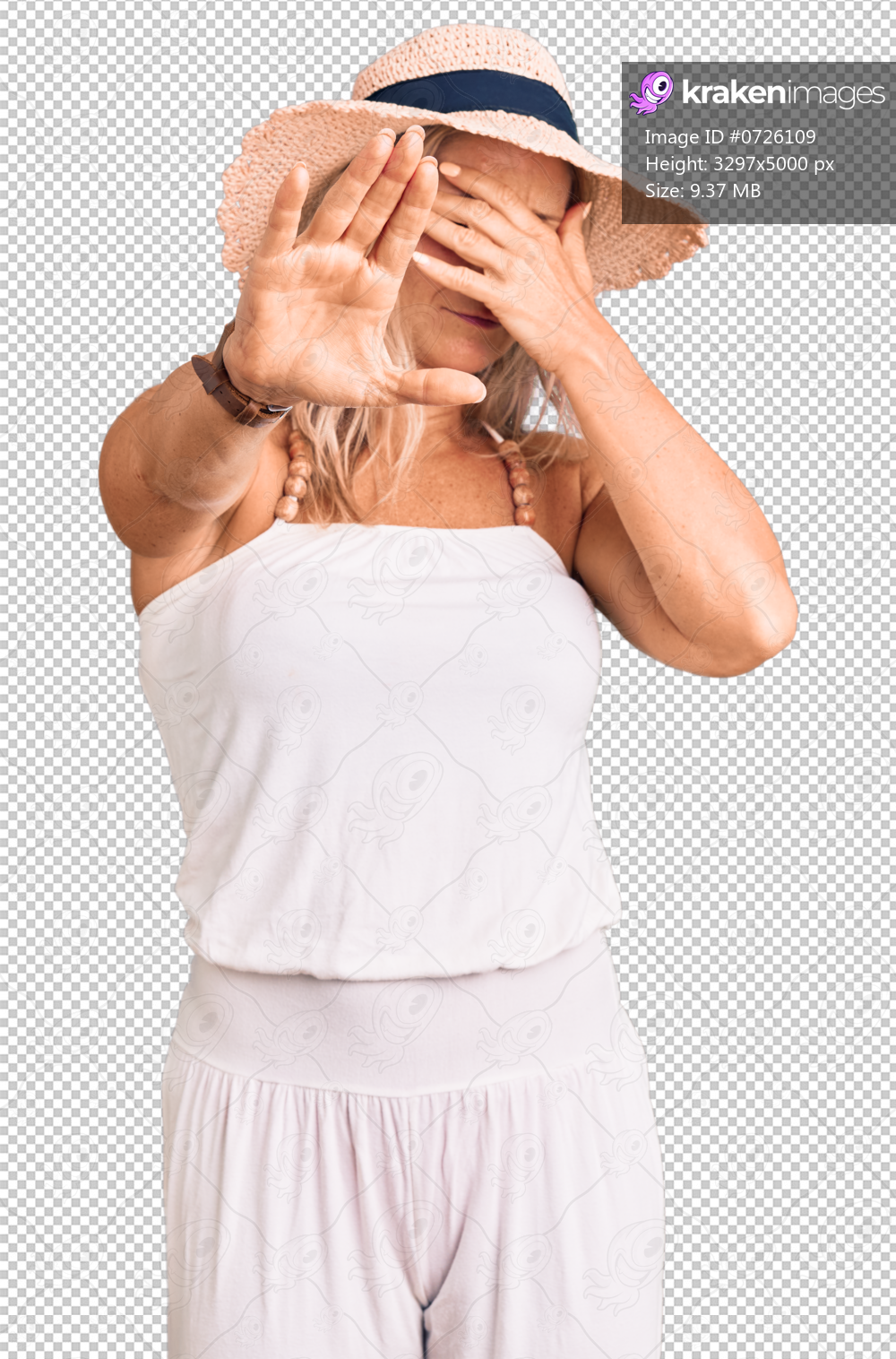 Middle age fit blonde woman wearing summer hat covering eyes with hands and doing stop gesture with sad and fear expression. embarrassed and negative concept.