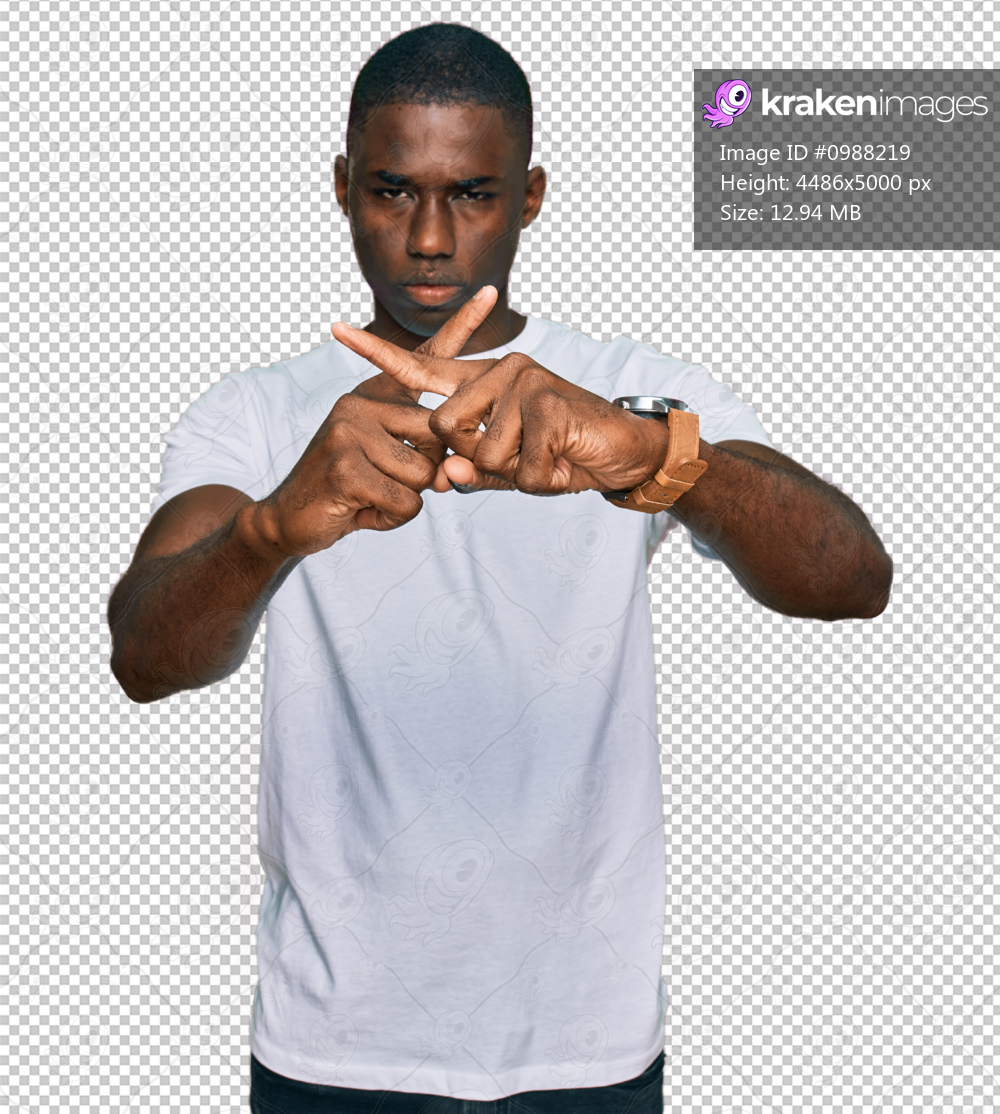 Young african american man wearing casual white t shirt rejection expression crossing fingers doing negative sign