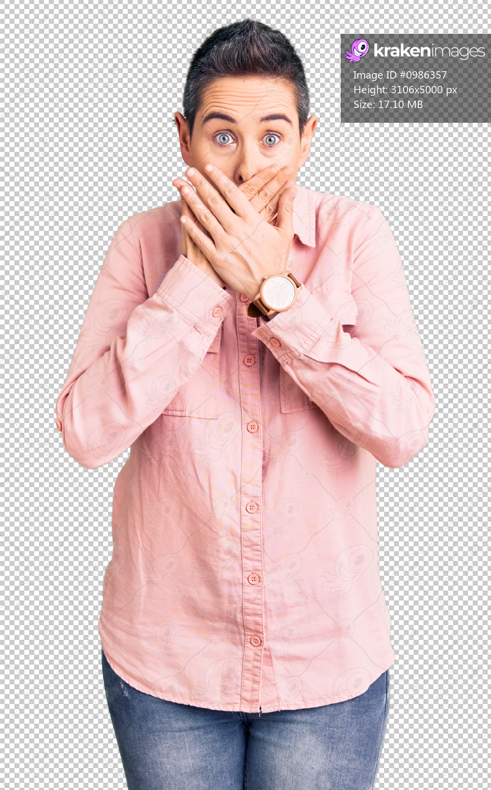 Young woman with short hair wearing casual clothes shocked covering mouth with hands for mistake. secret concept.