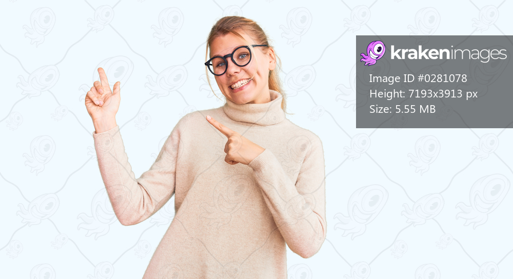 Young beautiful blonde woman wearing turtleneck sweater and glasses smiling and looking at the camera pointing with two hands and fingers to the side. 