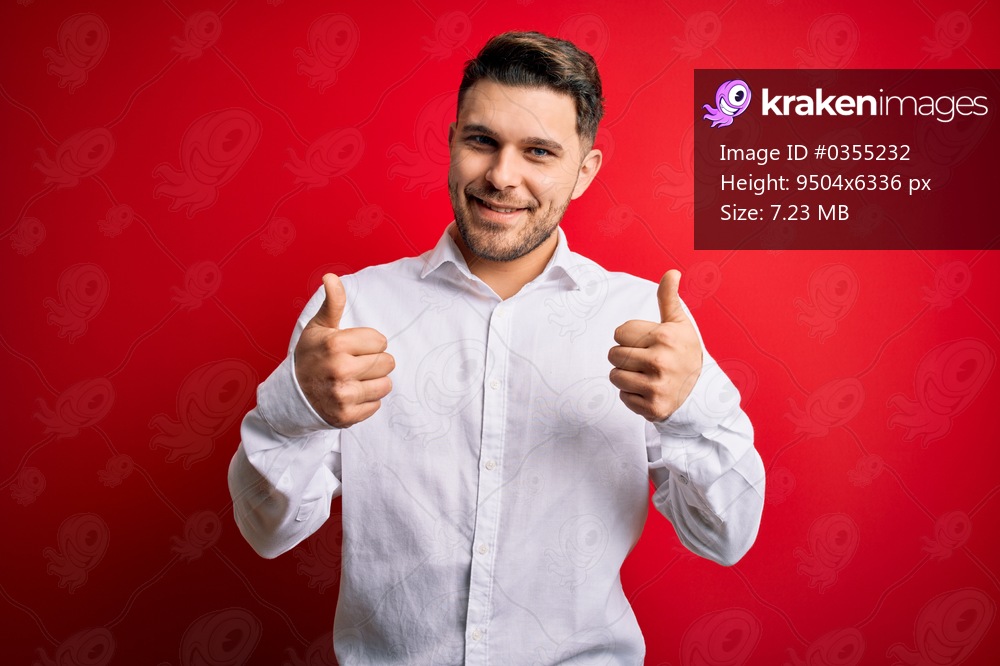Young business man with blue eyes wearing elegant shirt standing over red isolated background success sign doing positive gesture with hand, thumbs up smiling and happy. Cheerful expression and winner gesture.