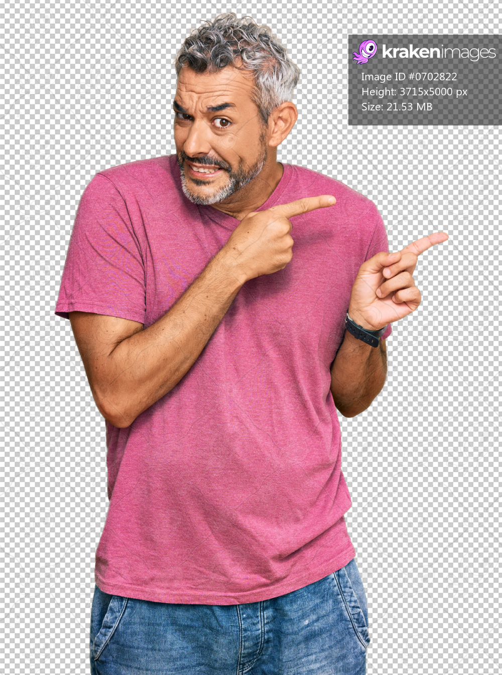 Middle age grey-haired man wearing casual clothes pointing aside worried and nervous with both hands, concerned and surprised expression