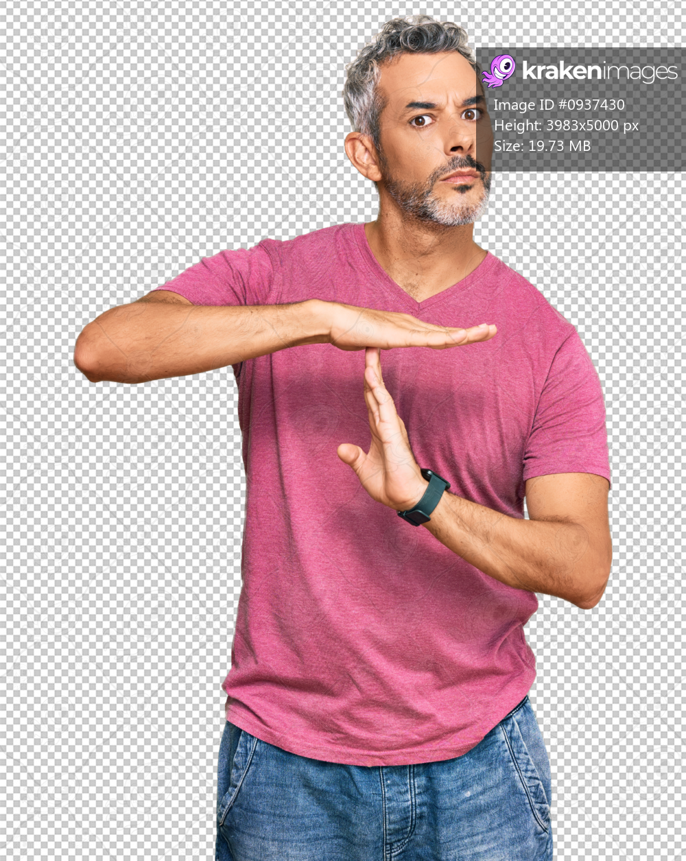 Middle age grey-haired man wearing casual clothes doing time out gesture with hands, frustrated and serious face