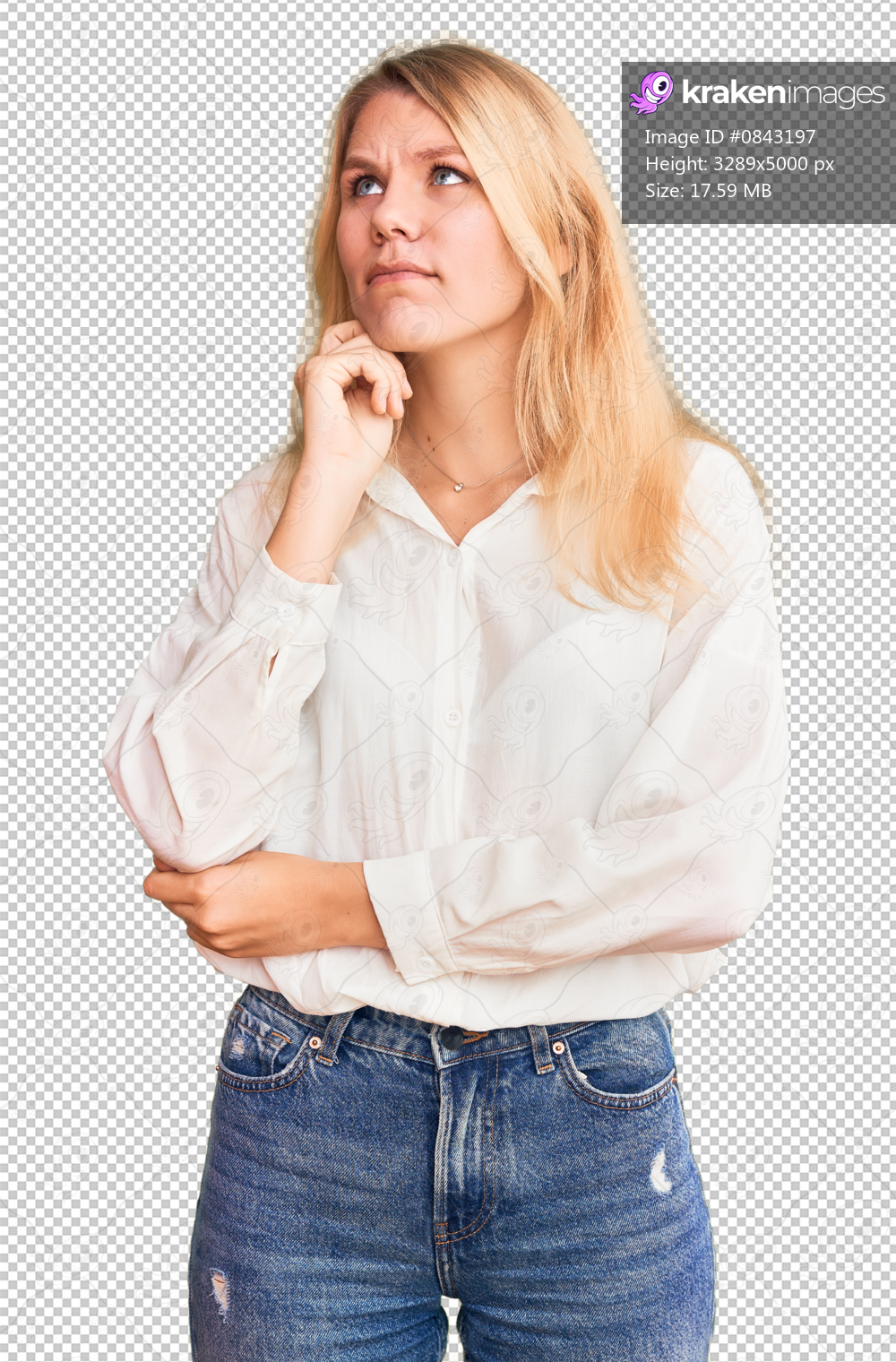 Young beautiful blonde woman wearing casual shirt serious face thinking about question with hand on chin, thoughtful about confusing idea