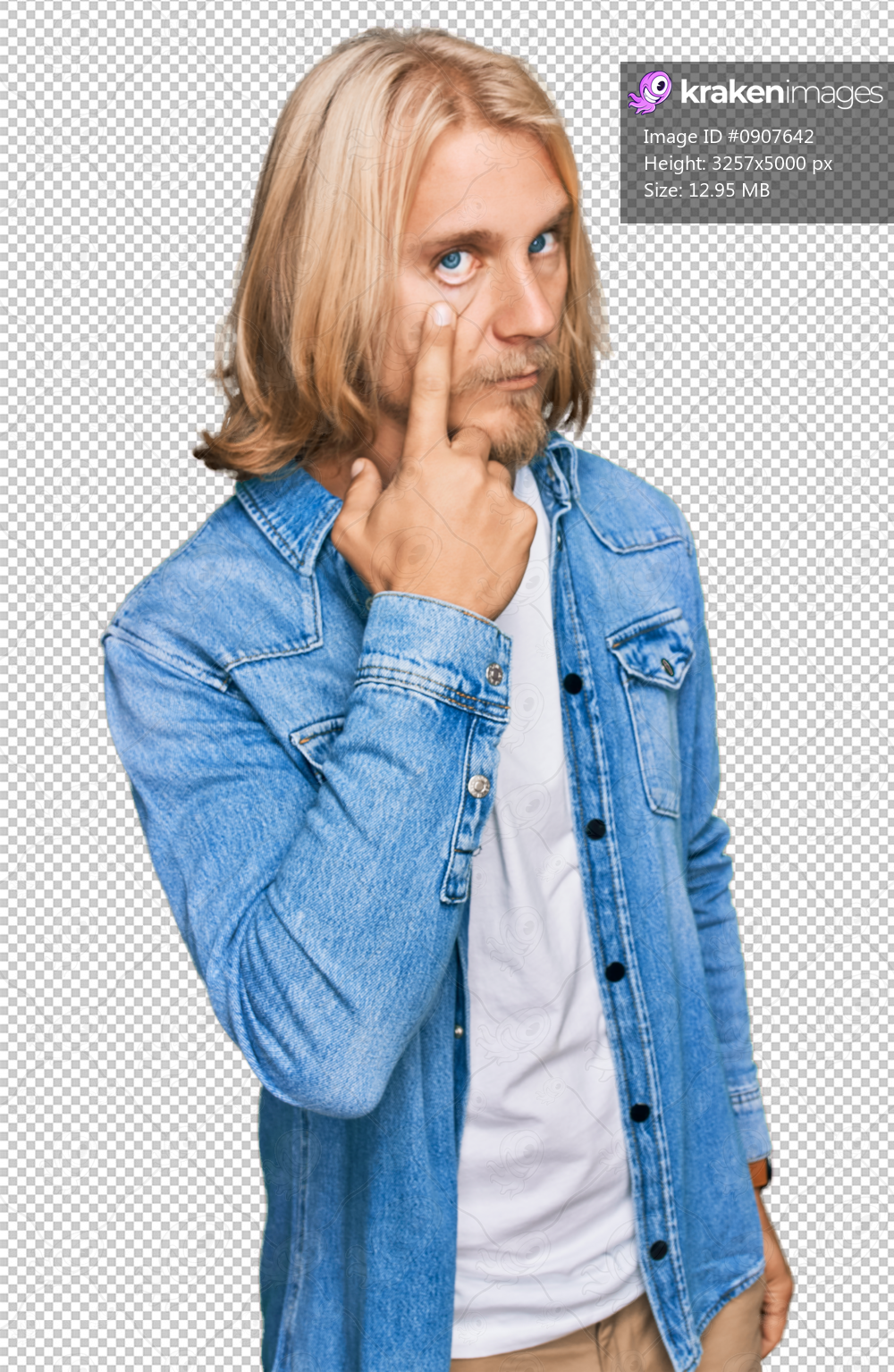 Caucasian man with blond long hair wearing casual denim jacket pointing to the eye watching you gesture, suspicious expression