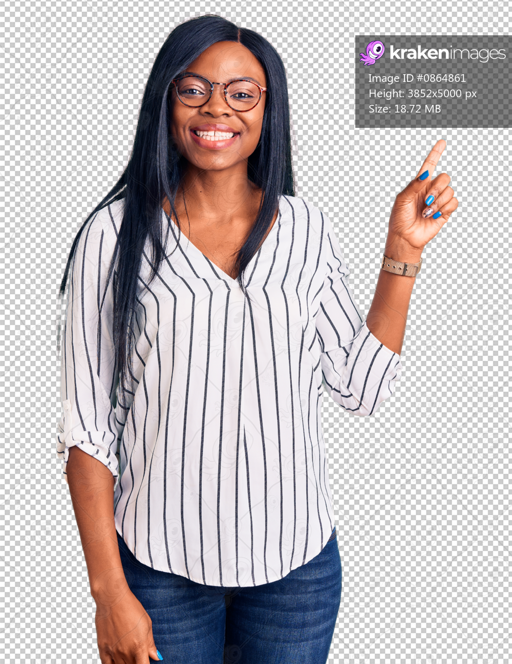Young african american woman wearing casual clothes and glasses with a big smile on face, pointing with hand finger to the side looking at the camera.