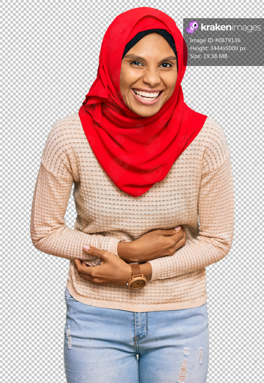 Young african american woman wearing traditional islamic hijab scarf smiling and laughing hard out loud because funny crazy joke with hands on body.