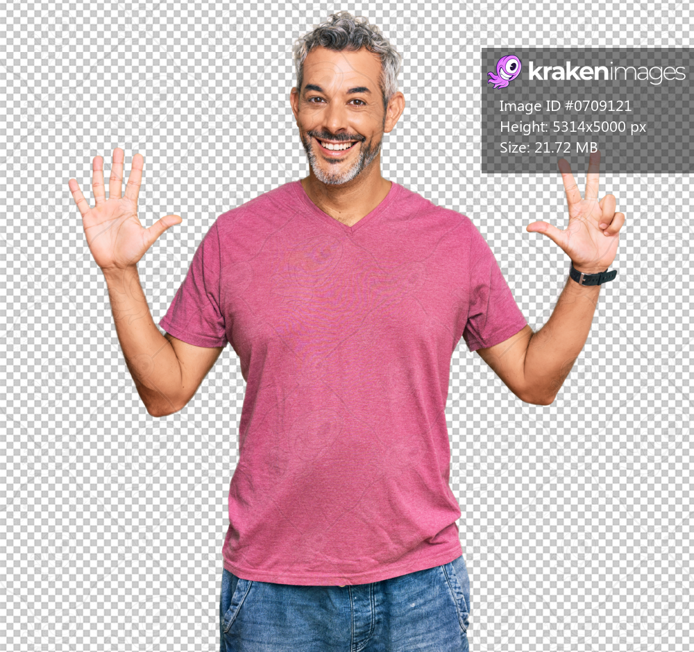 Middle age grey-haired man wearing casual clothes showing and pointing up with fingers number eight while smiling confident and happy.