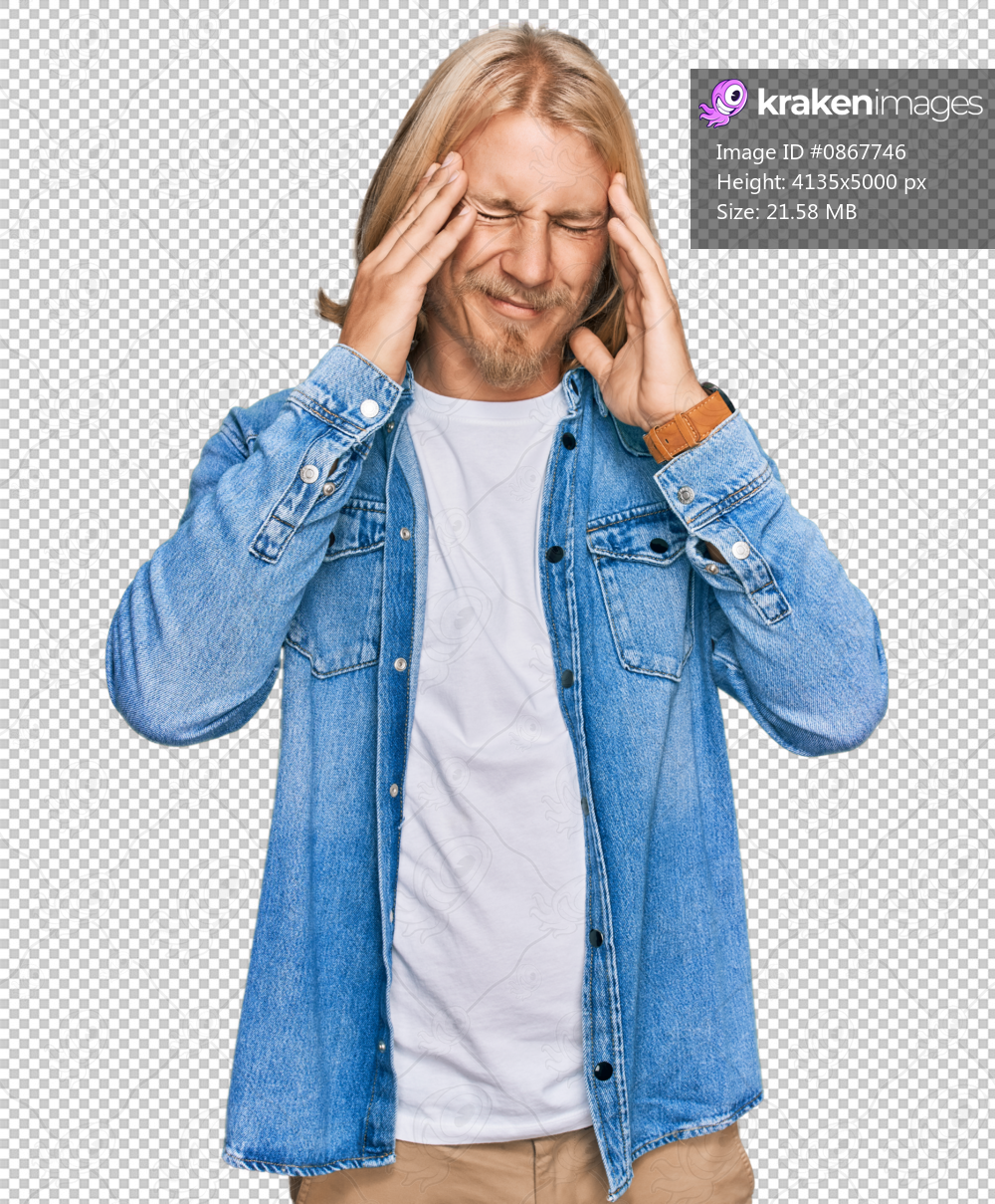 Caucasian man with blond long hair wearing casual denim jacket with hand on head, headache because stress. suffering migraine.