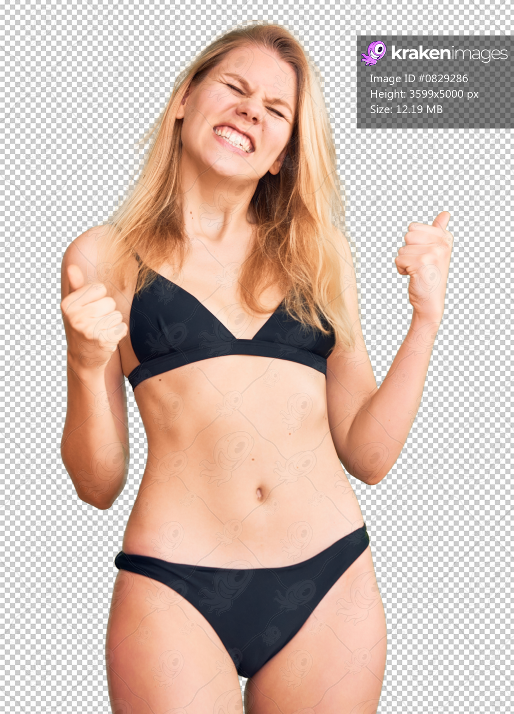 Young beautiful blonde woman wearing bikini very happy and excited doing winner gesture with arms raised, smiling and screaming for success. celebration concept.