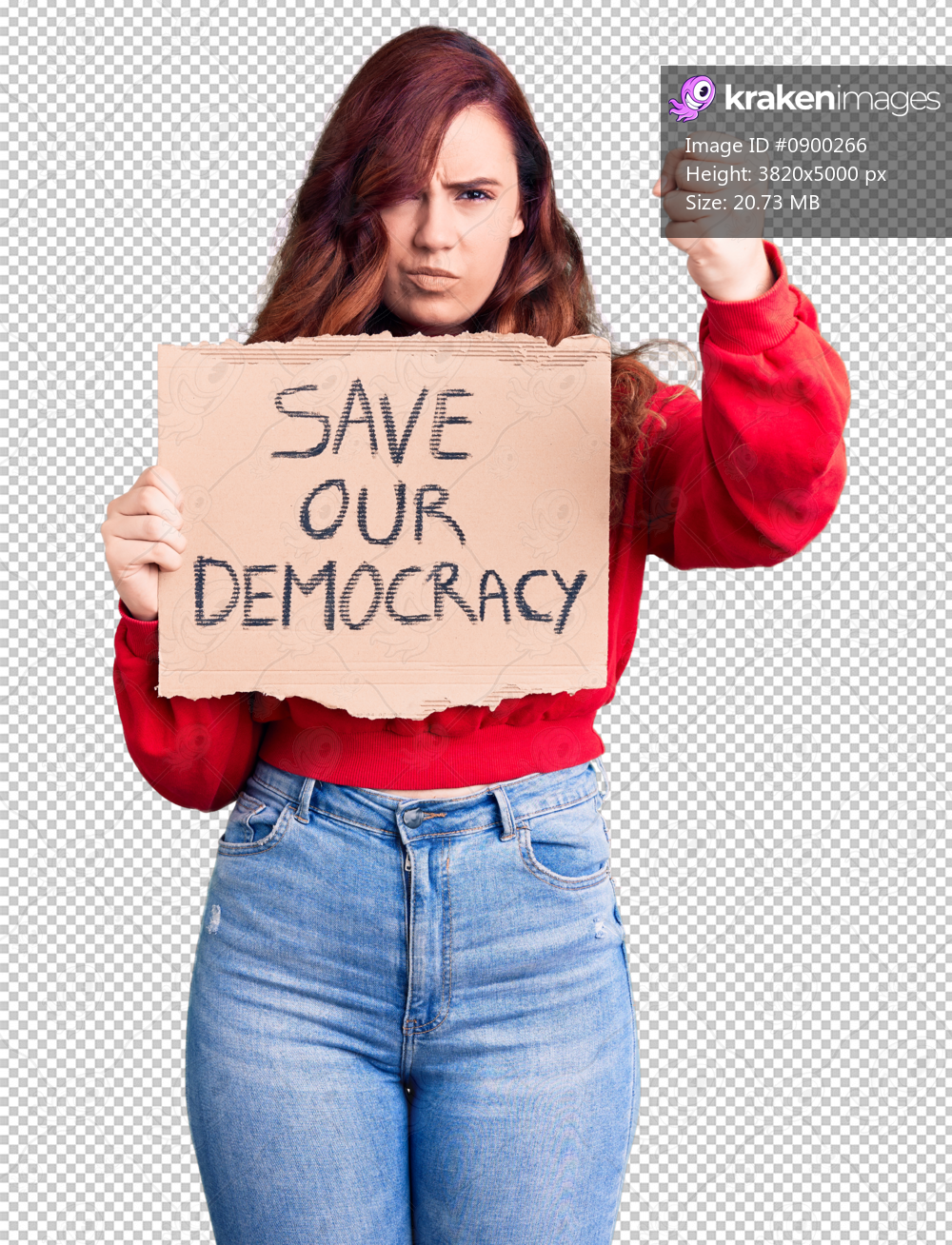 Young beautiful woman holding save our democracy protest banner annoyed and frustrated shouting with anger, yelling crazy with anger and hand raised