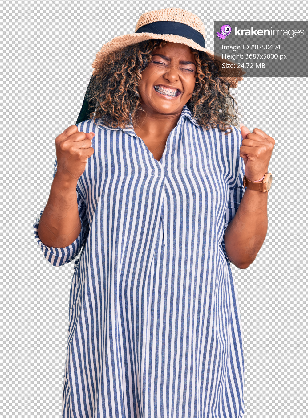 Young african american plus size woman wearing summer hat excited for success with arms raised and eyes closed celebrating victory smiling. winner concept.