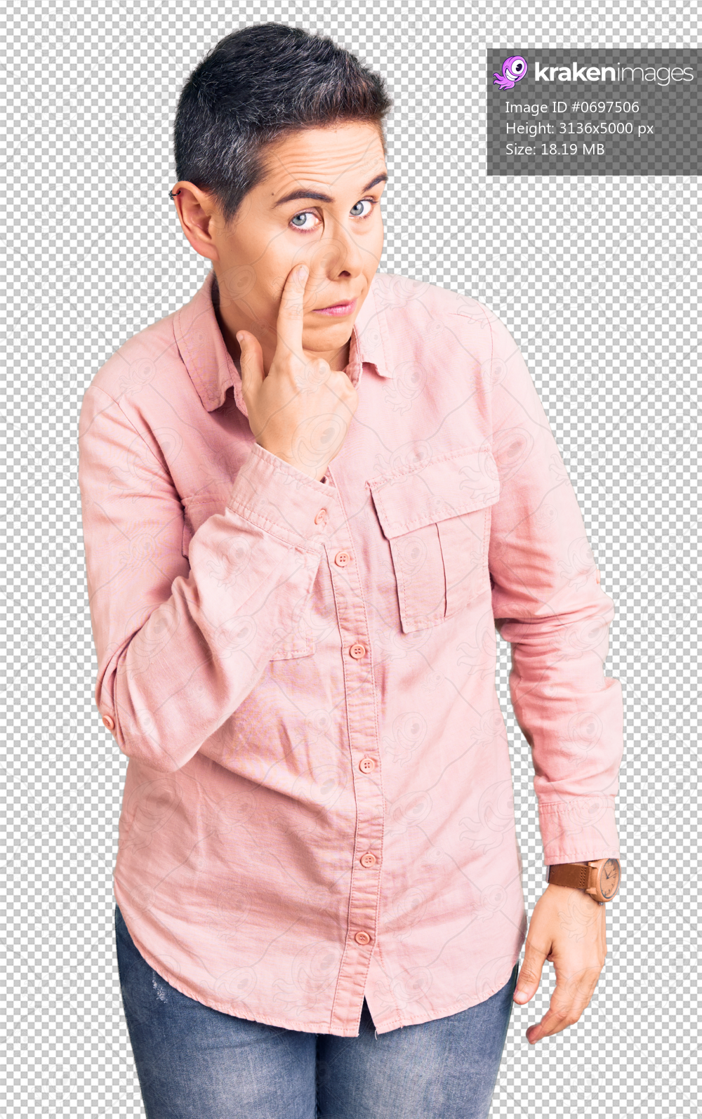 Young woman with short hair wearing casual clothes pointing to the eye watching you gesture, suspicious expression