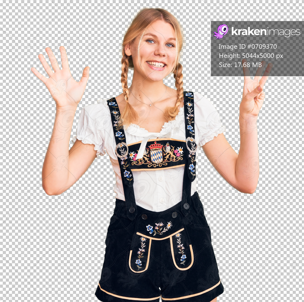 Young beautiful blonde woman wearing oktoberfest dress showing and pointing up with fingers number eight while smiling confident and happy.