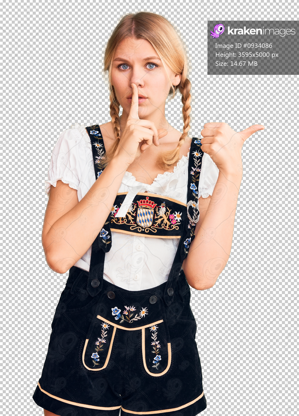 Young beautiful blonde woman wearing oktoberfest dress asking to be quiet with finger on lips pointing with hand to the side. silence and secret concept.