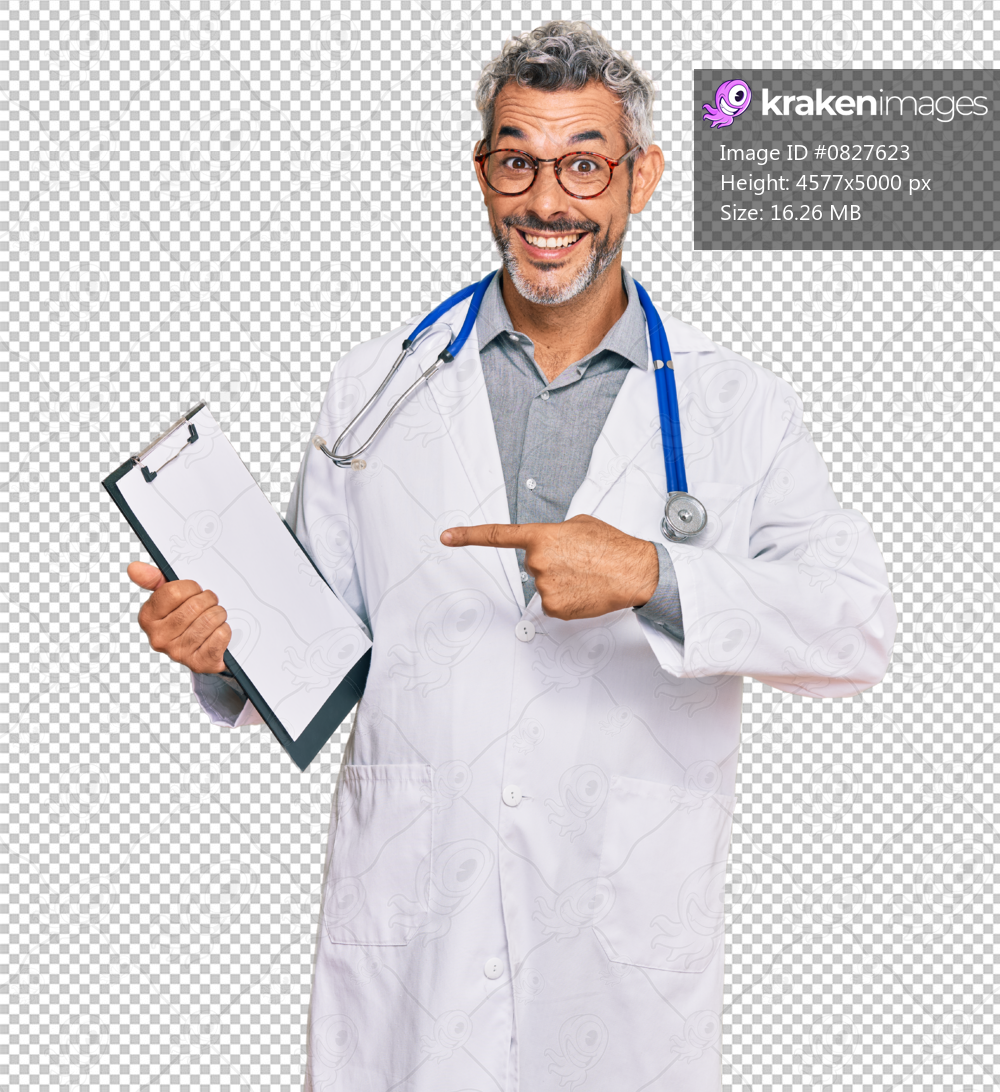 Middle age grey-haired man wearing doctor stethoscope holding clipboard smiling happy pointing with hand and finger