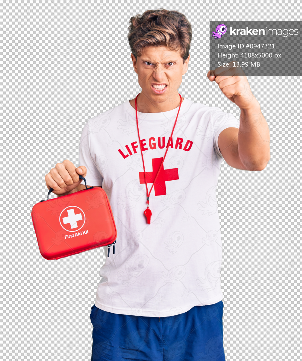 Young handsome man wearing lifeguard t shirt holding first aid kit annoyed and frustrated shouting with anger, yelling crazy with anger and hand raised