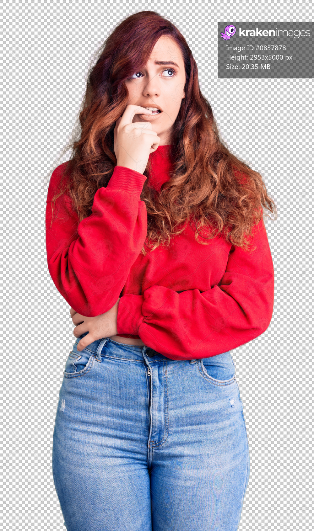 Young beautiful woman wearing casual winter sweater looking stressed and nervous with hands on mouth biting nails. anxiety problem.