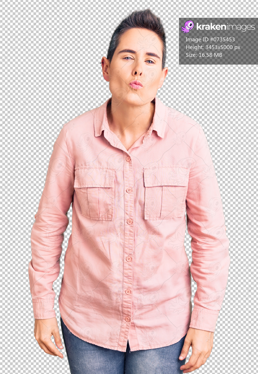 Young woman with short hair wearing casual clothes looking at the camera blowing a kiss on air being lovely and sexy. love expression.