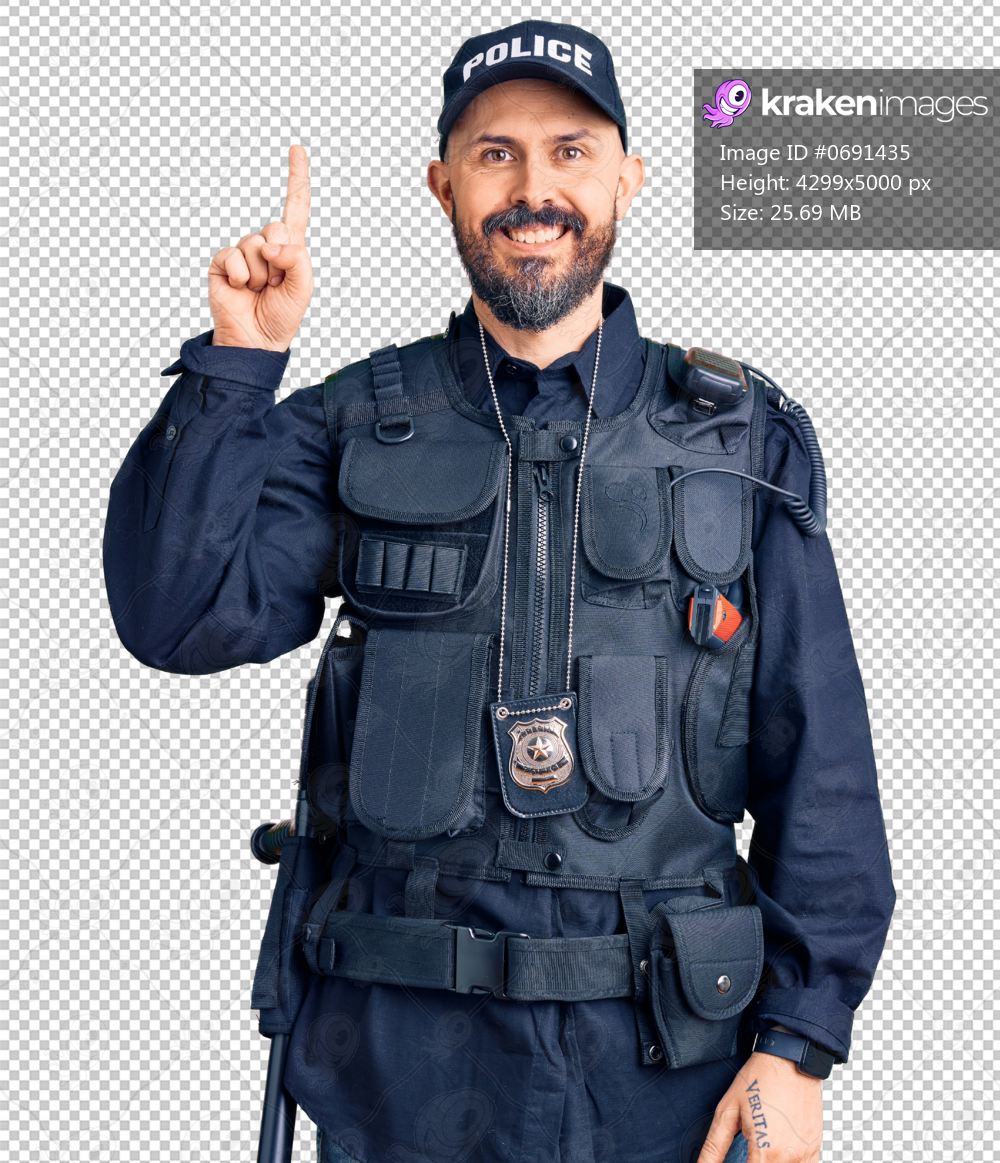 Young handsome man wearing police uniform showing and pointing up with finger number one while smiling confident and happy.