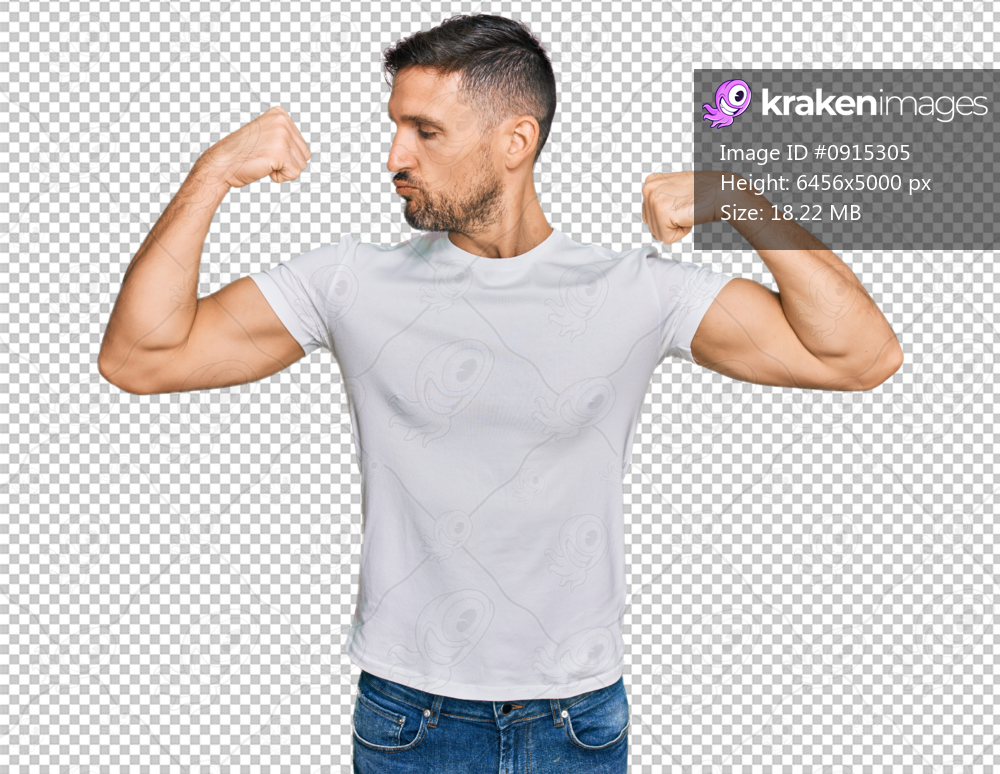 Handsome man with beard wearing casual white t shirt showing arms muscles smiling proud. fitness concept.