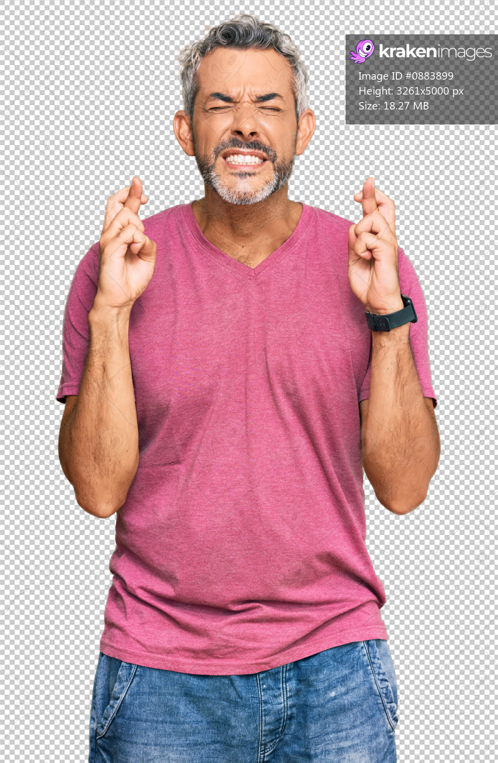 Middle age grey-haired man wearing casual clothes gesturing finger crossed smiling with hope and eyes closed. luck and superstitious concept.