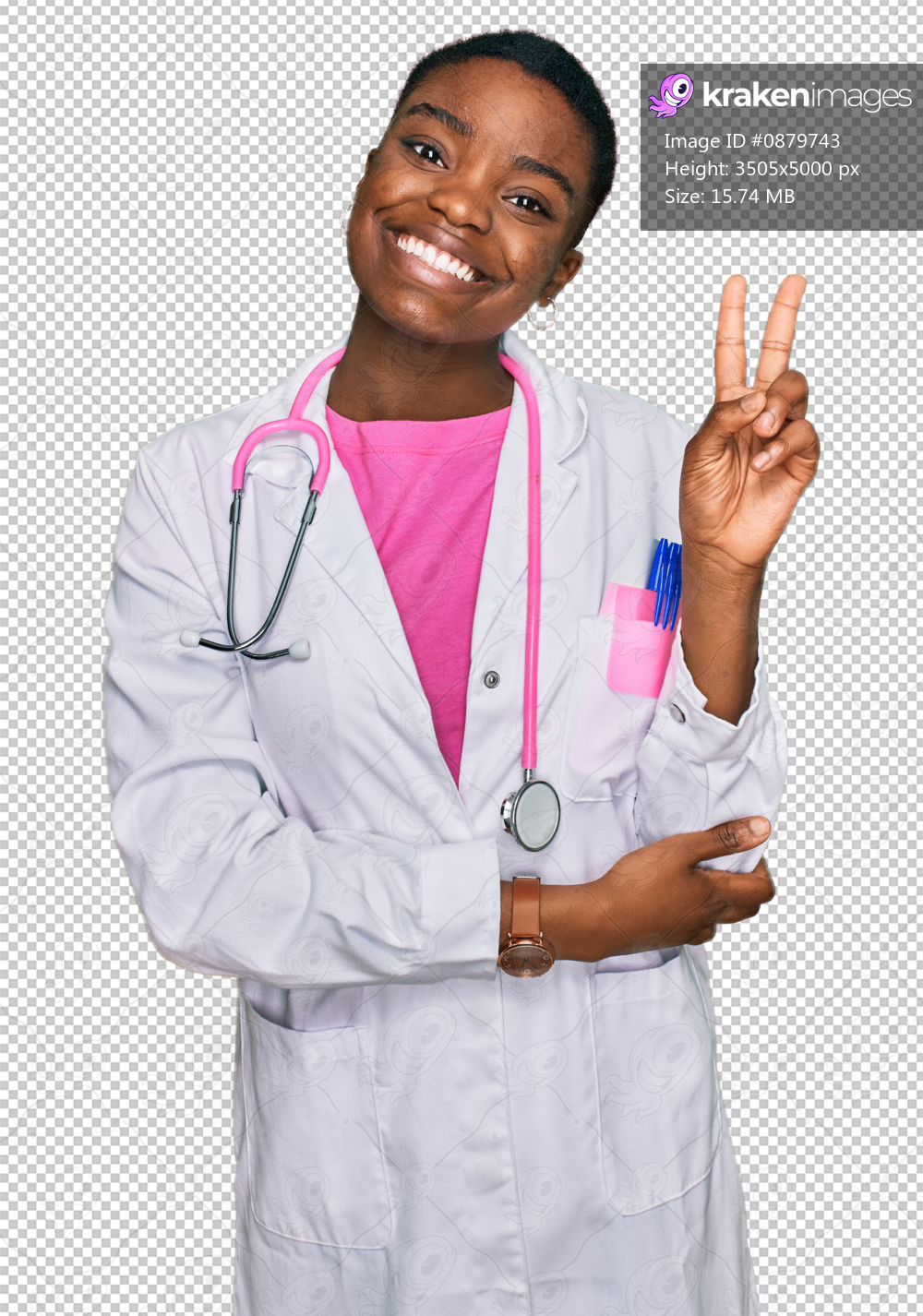 Young african american woman wearing doctor uniform and stethoscope smiling with happy face winking at the camera doing victory sign. number two.