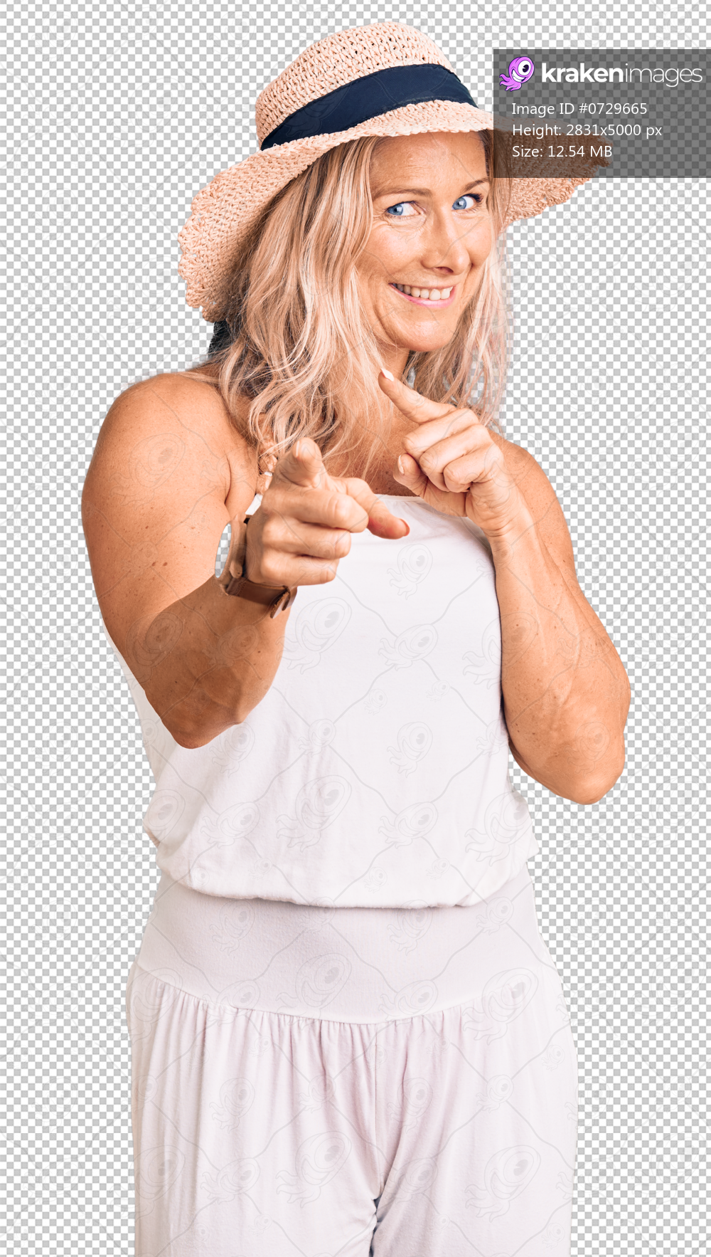 Middle age fit blonde woman wearing summer hat pointing fingers to camera with happy and funny face. good energy and vibes.