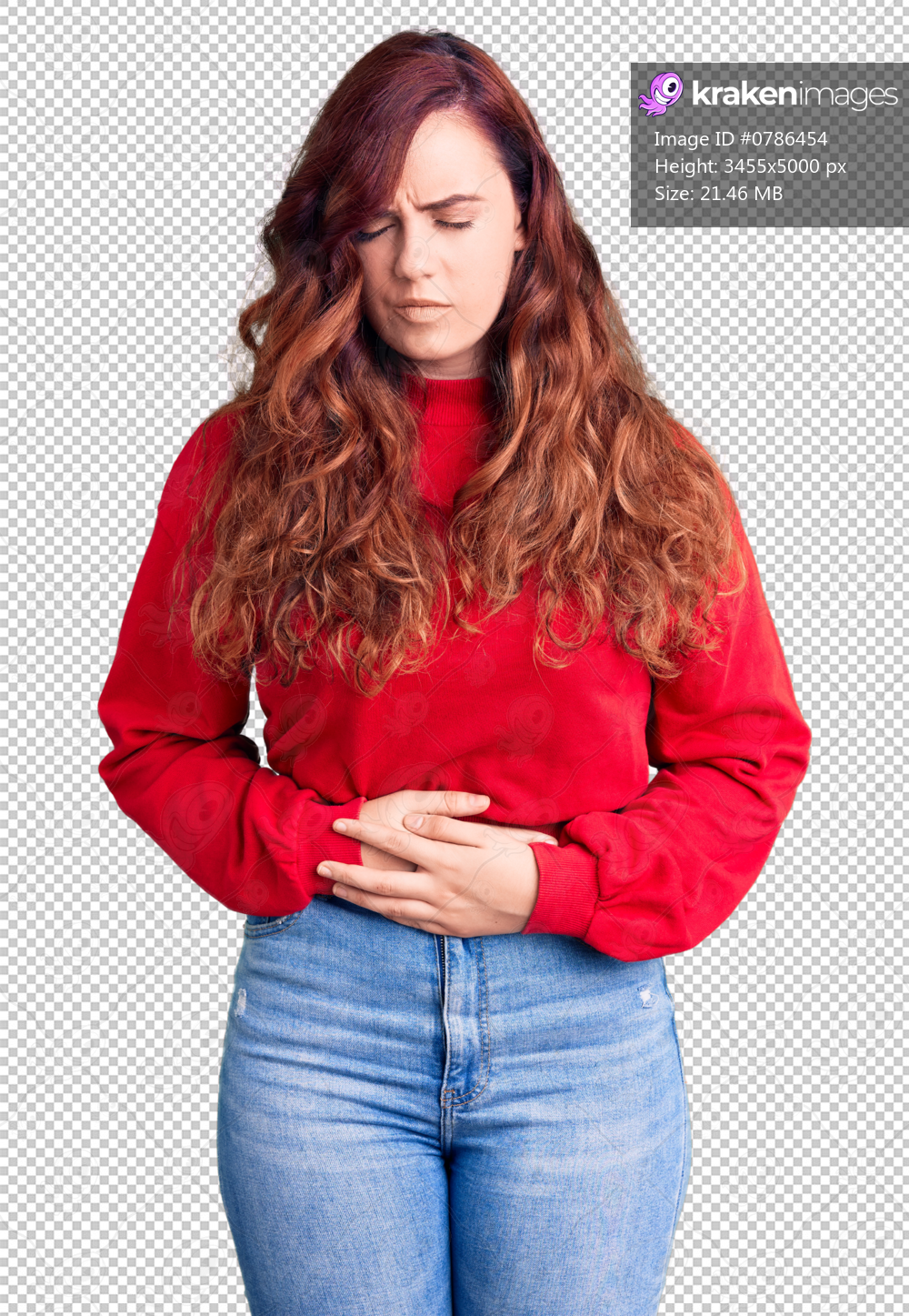 Young beautiful woman wearing casual winter sweater with hand on stomach because indigestion, painful illness feeling unwell. ache concept.