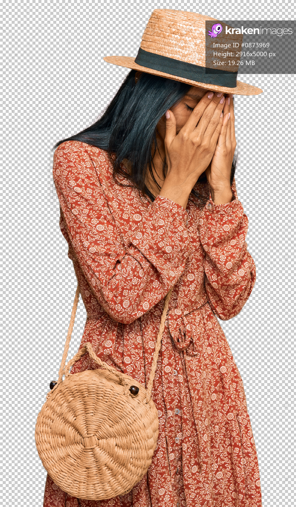 Young african american woman wearing summer hat with sad expression covering face with hands while crying. depression concept.