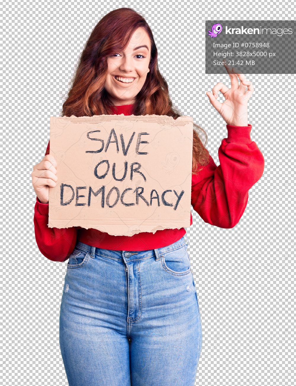 Young beautiful woman holding save our democracy protest banner doing ok sign with fingers, smiling friendly gesturing excellent symbol