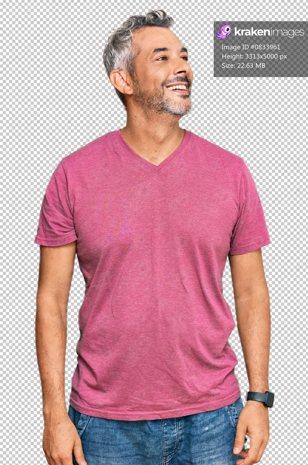 Middle age grey-haired man wearing casual clothes looking away to side with smile on face, natural expression. laughing confident.