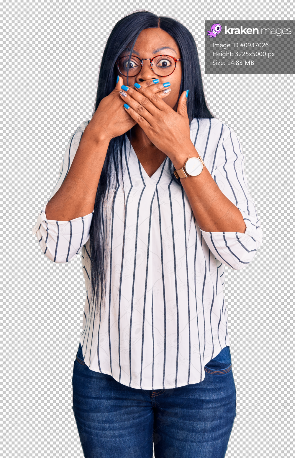 Young african american woman wearing casual clothes and glasses shocked covering mouth with hands for mistake. secret concept.