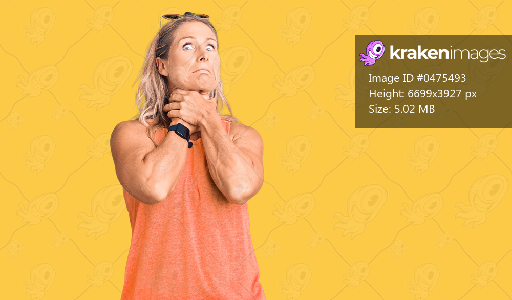 Middle age fit blonde woman wearing casual summer clothes and sunglasses shouting suffocate because painful strangle. health problem. asphyxiate and suicide concept. 