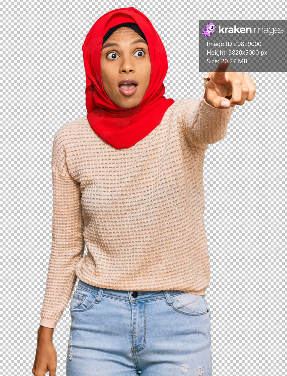 Young african american woman wearing traditional islamic hijab scarf pointing with finger surprised ahead, open mouth amazed expression, something on the front