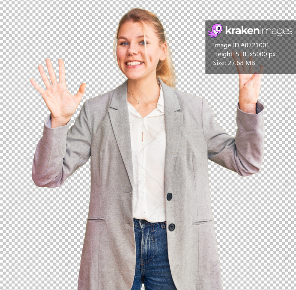 Young beautiful blonde woman wearing elegant jacket showing and pointing up with fingers number nine while smiling confident and happy.