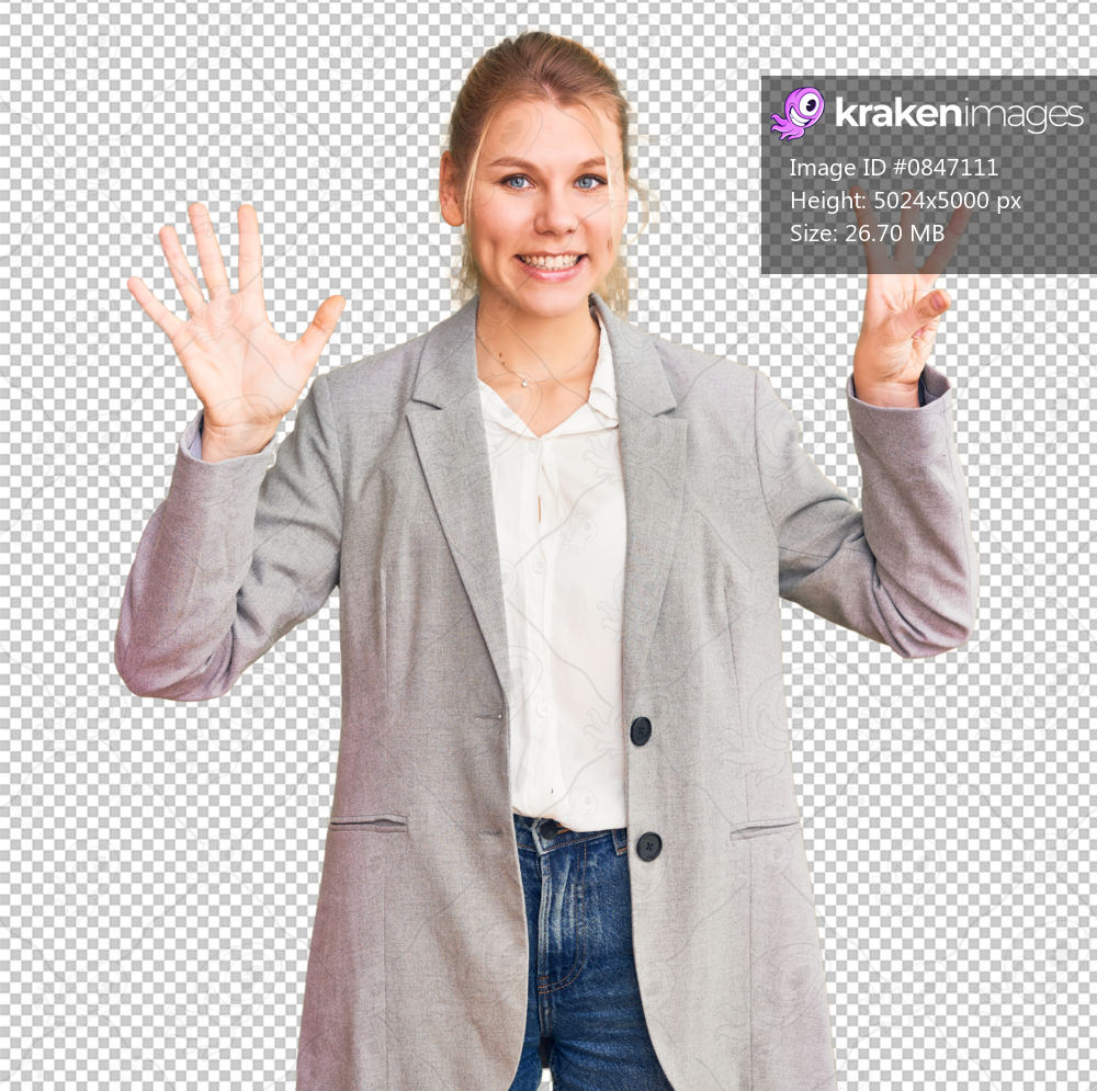 Young beautiful blonde woman wearing elegant jacket showing and pointing up with fingers number eight while smiling confident and happy.