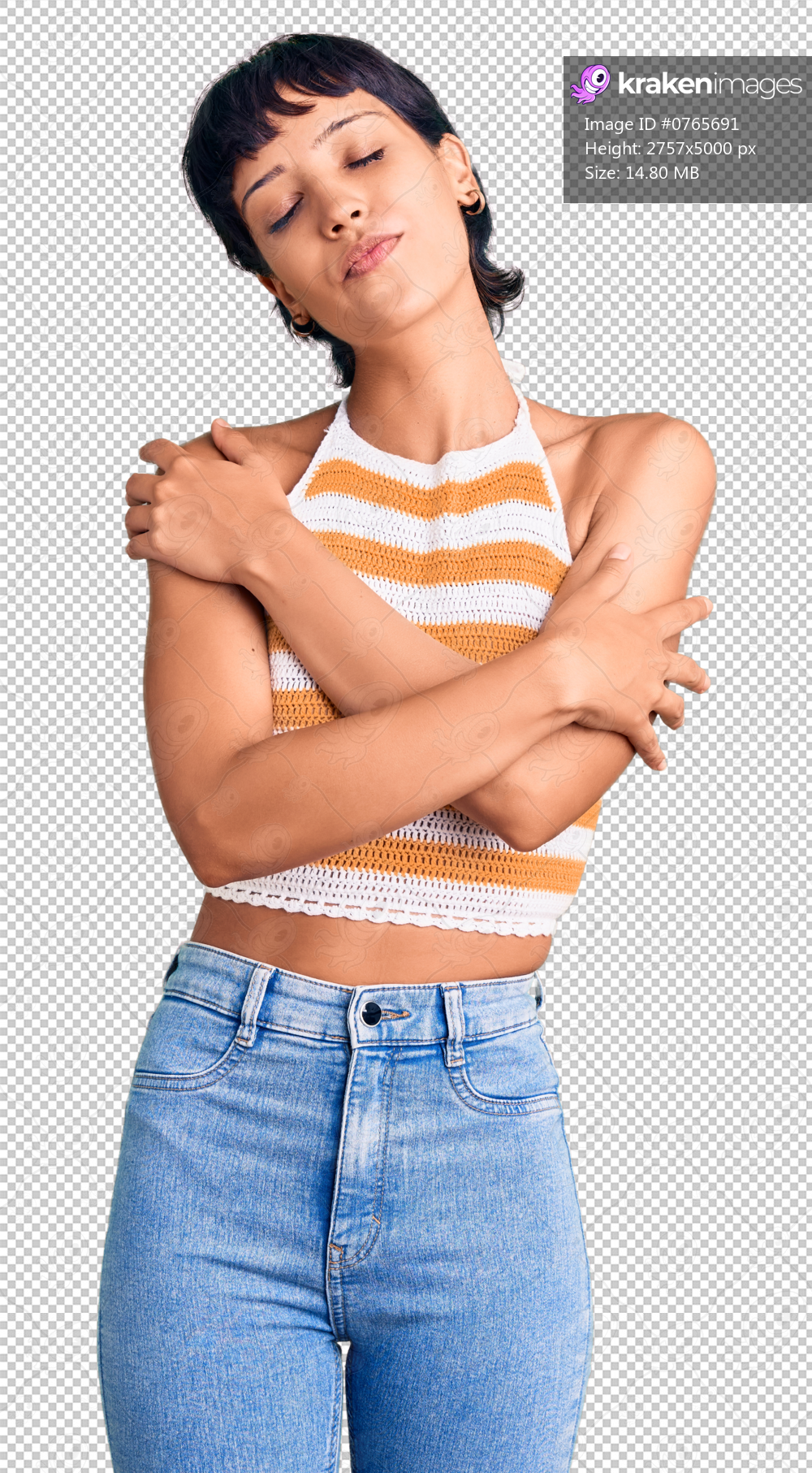 Young brunette woman with short hair wearing casual clothes hugging oneself happy and positive, smiling confident. self love and self care