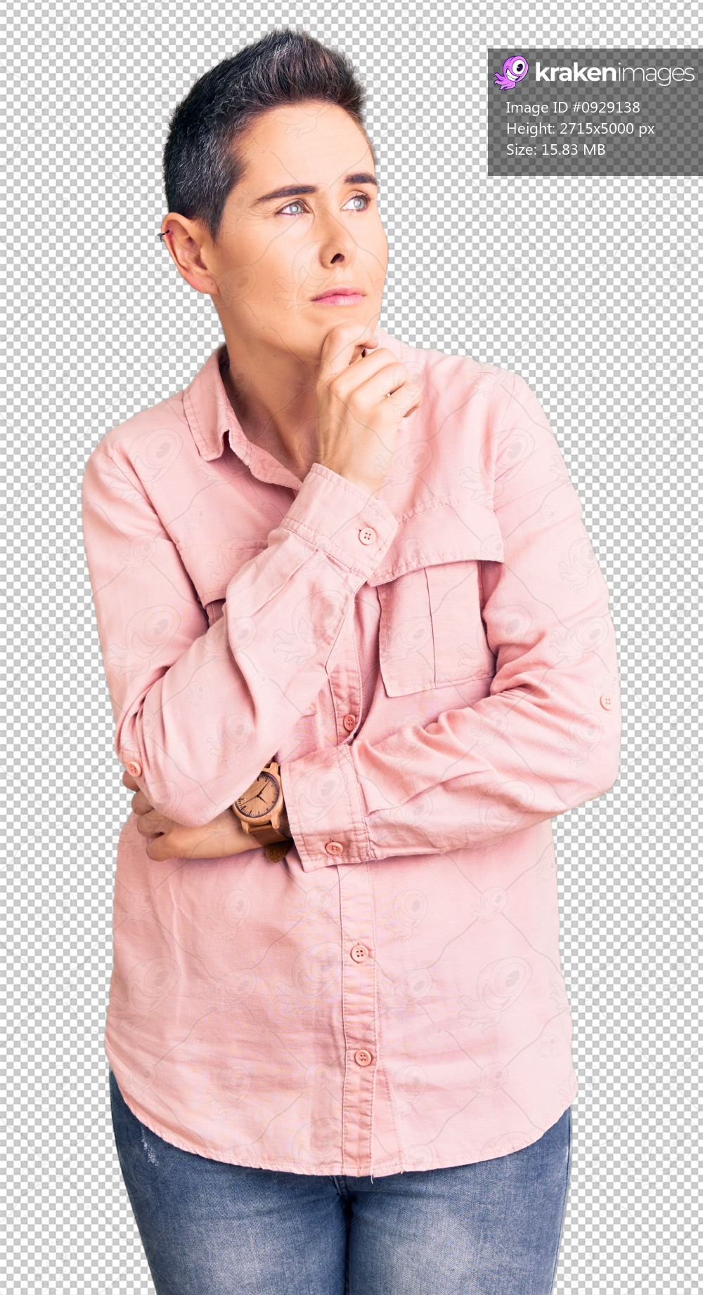 Young woman with short hair wearing casual clothes with hand on chin thinking about question, pensive expression. smiling with thoughtful face. doubt concept.
