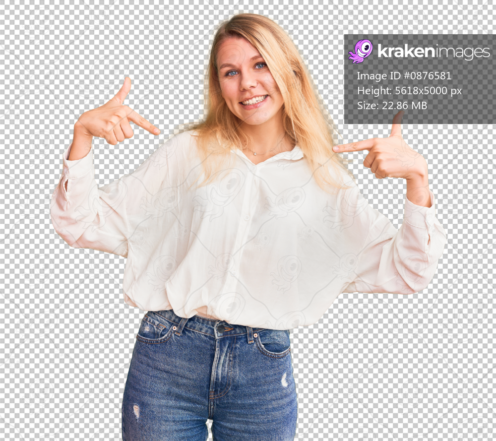 Young beautiful blonde woman wearing casual shirt looking confident with smile on face, pointing oneself with fingers proud and happy.
