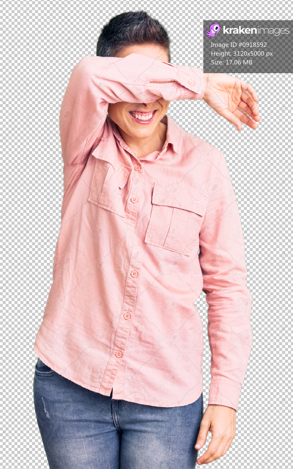 Young woman with short hair wearing casual clothes covering eyes with arm smiling cheerful and funny. blind concept.