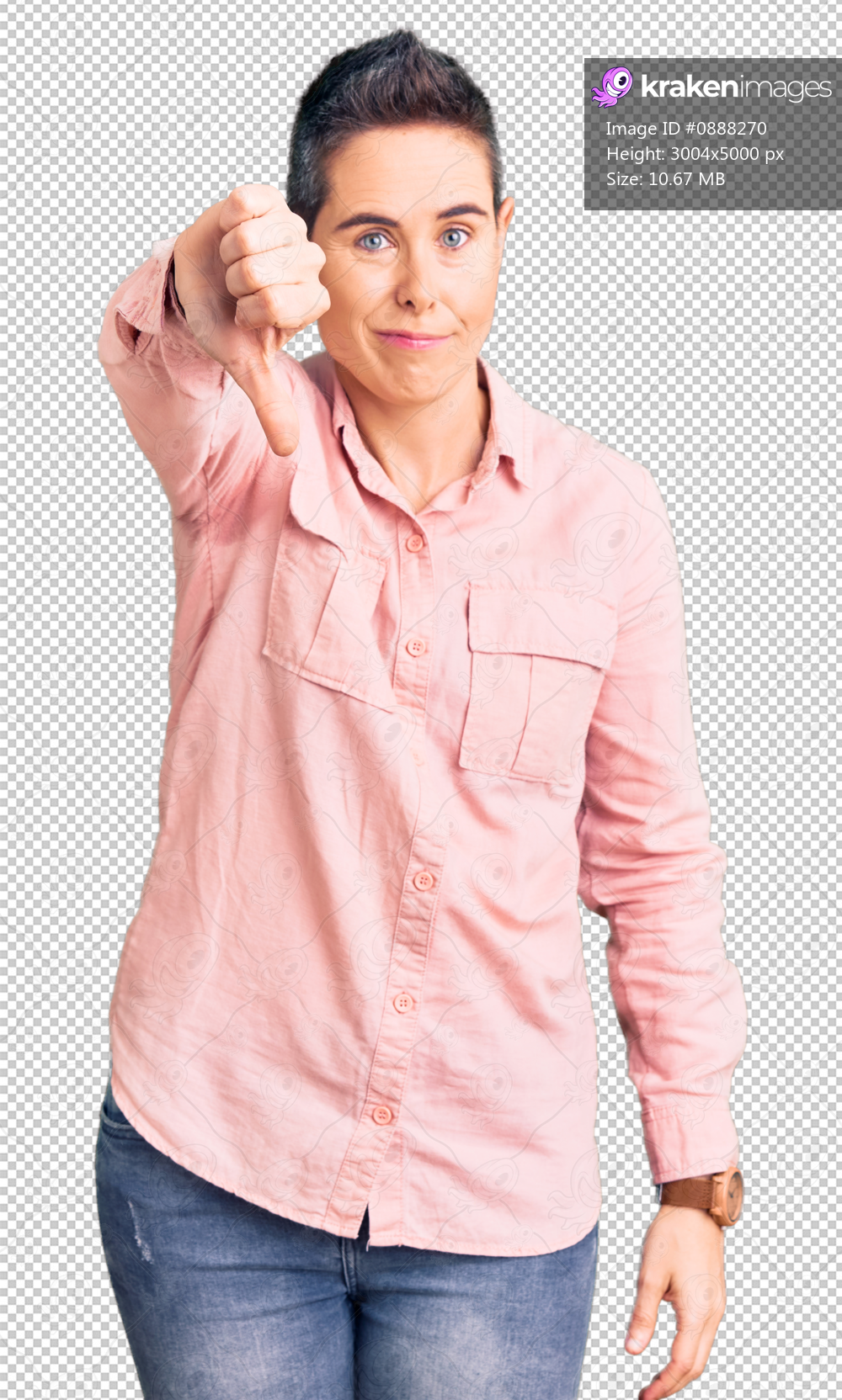 Young woman with short hair wearing casual clothes looking unhappy and angry showing rejection and negative with thumbs down gesture. bad expression.