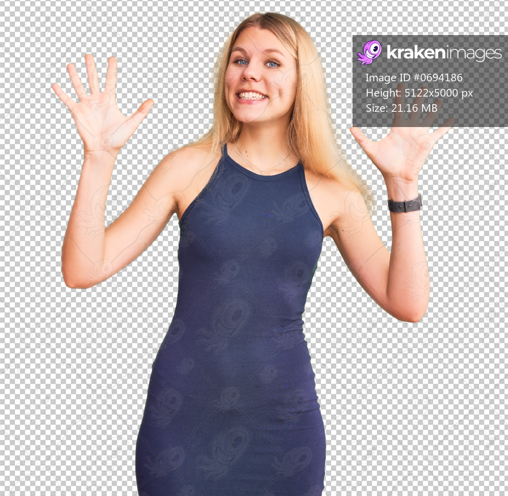 Young beautiful blonde woman wearing casual dress showing and pointing up with fingers number ten while smiling confident and happy.