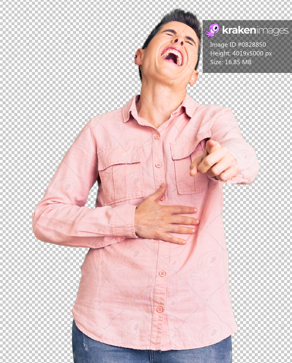 Young woman with short hair wearing casual clothes laughing at you, pointing finger to the camera with hand over body, shame expression