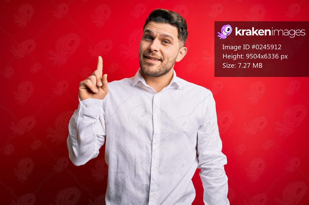 Young business man with blue eyes wearing elegant shirt standing over red isolated background pointing finger up with successful idea. Exited and happy. Number one.