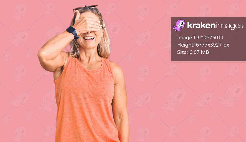 Middle age fit blonde woman wearing casual summer clothes and sunglasses smiling and laughing with hand on face covering eyes for surprise. blind concept. 